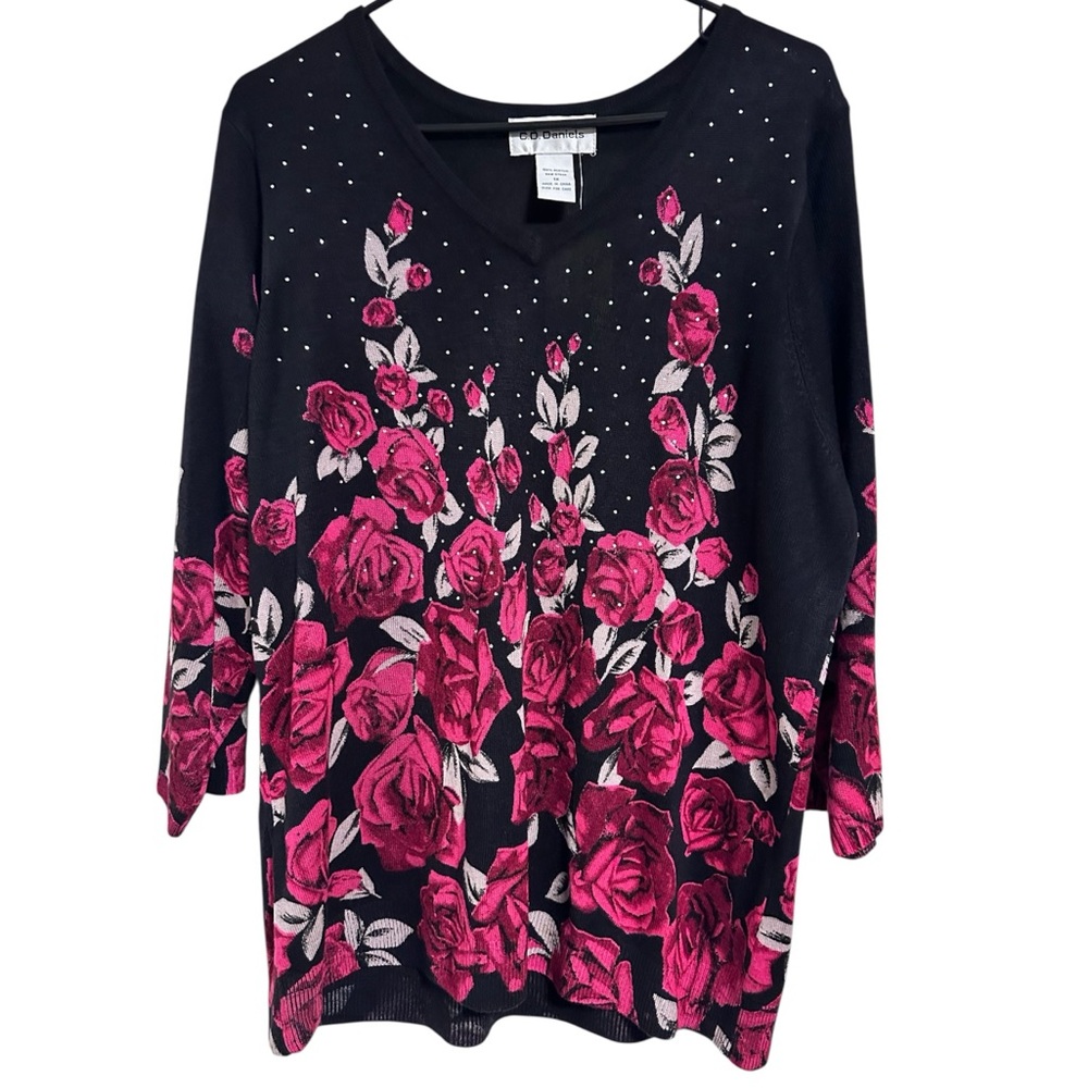 C.D. Daniels Floral Rhinestone Sweater 1X Black Pink Red Roses Sparkle NWT